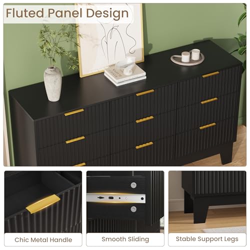 Image of Garvee 9 Drawer Dresser for Bedroom, 59 inch Wide Fluted Chest of Drawers with Metal Handle, Modern Wooden Dresser TV Stand, Clothes Storage Organizer Wood Closet for Hallway, Entryway, Black