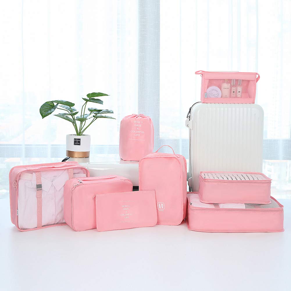 Belsmi - Juego de 8 Cubos de Embalaje con Bolsa para Zapatos - Organizador de Equipaje de Viaje (Rosa)