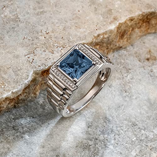 Cali Trove, 1/20Cttw Diamond And Gemstone Men's Ring In 925 Sterling Silver, Men's Ribbed Shank Ring With Choice Of 8Mm Genuine London Blue Topaz, Garnet Or Onyx Gem, Silver Gemstone And Diamond Ring #TOP2