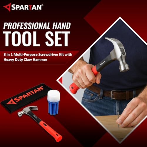 Image of Spartan 8-in-1 Multi-Purpose Screwdriver Kit with Heavy Duty Claw Hammer & Nail Puller | Forged Steel Head | Fibreglass Anti-Slip Handle | Tool Kit for Carpentry, Home Repair & DIY | Combo Kit