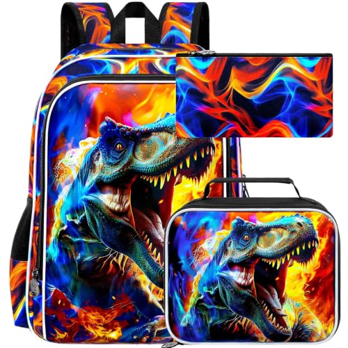 Image of 17 inch Dinosaur Backpack for Boy, 3Pcs Fire Bookbag for Elementary Preschool Kindergarten, Kids School Backpacks with Lunch Box (Red)
