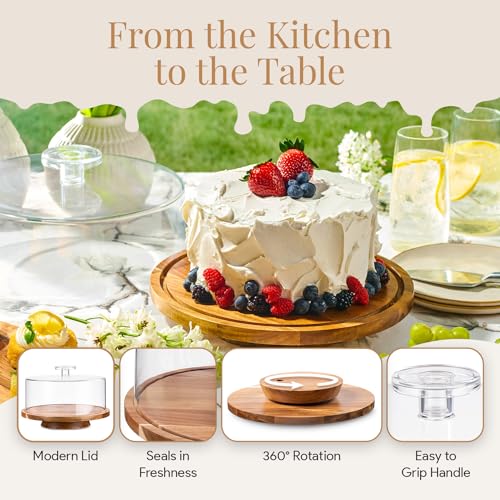 Image of HOMESPHERE Rotating Cake Stand With Lid - 12 Inch Round Cake Holder with Cover, 4 inch Tall, Acacia Wood Spinning Cake Turntable for Decorating, Display and Serving Platter, Acrylic Cake Dome, No Glass
