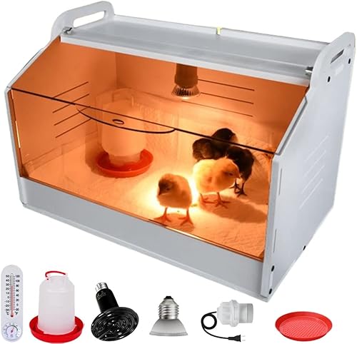 Caja para cría de pollos con juego de lámparas de calor, calentador de agua potable, plato de comida, calienta hasta 25 pollos, caja de cría de aves