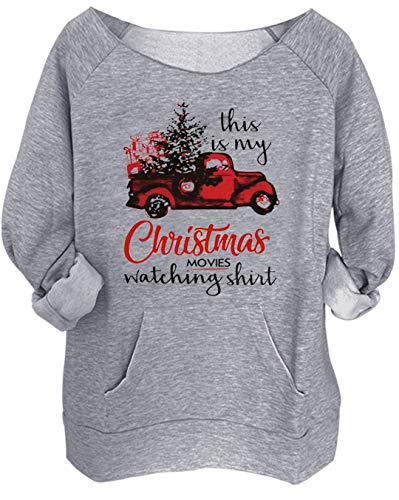 Christmas Movies Watching Shirt Sweatshirt Xmas Truck Women Off Shoulder Sweatshirt Slouchy Sexy Long Sleeve Pullover Tops (Grey, M)