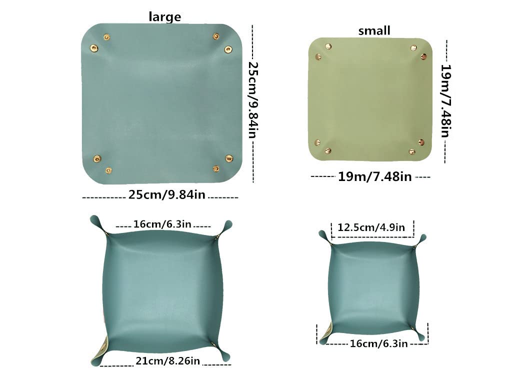SUSU BLOCK Valet Tray 2 Size Combined PU Leather Jewelry for Women and Man Portable Catchall Travel Storage Dish Plate Key Desk Organizer Phone, Keys, Glasses, Wallet, Ring (Light Bule+Light Green)