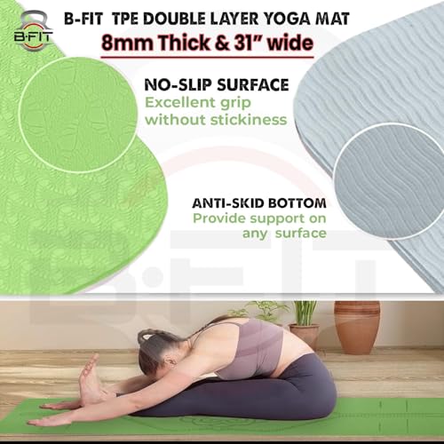 Image of B Fit 8 MM Thick Wide 31x72 Inch Original TPE Yoga Mat - Free Yoga Bag and Strap Included - With Alignment System, Non-slip, Eco-friendly, sweat-resistant (Green-Grey)