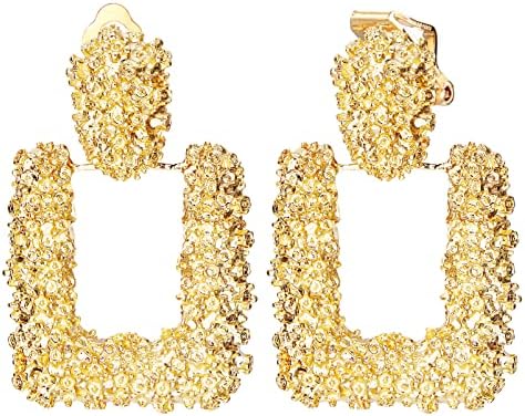 ADRAMATA Clip on Earring for Women Statement Dangly Earring Clip Large Rectangle Drop Dangle Earrings Handmade Geometric Gemstone Rhinestone Earring Fashion Colorful Gold Dangle Earrings Non Piercing