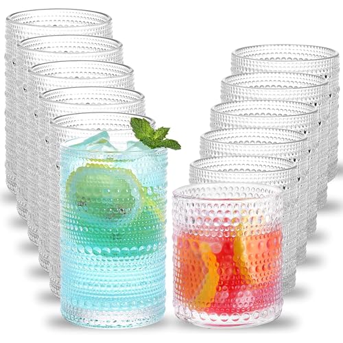 Hobnail Glasses Set of 12, 12 oz Highball & 10 oz Cocktail