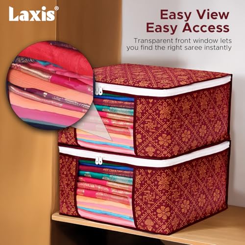 Image of LAXIS Saree Organiser for Wardrobe, Foldable Royal Print Saree Covers for Storage Set with Clear Window & Zipper, (Golden-Mahroon, Pack of 3)