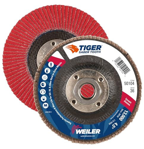 Image of Weiler 50104 Saber Tooth 5 /8 inch-11 Arbor, 4-1 /2 inch Diameter, 36 Grit, Ceramic, Phenolic Backing, Angled Abrasive Flap Disc