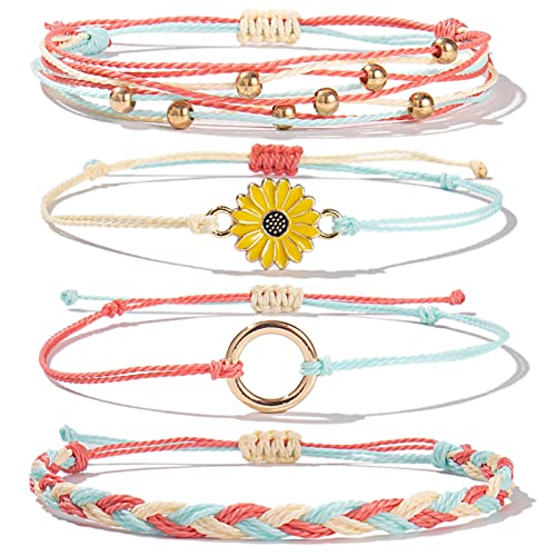 Image of Stackable Sunflower String Bracelets Cute Boho Braided Summer Beach Jewelry