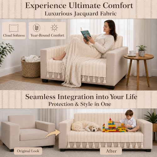 Image of STITCHNEST 'Nomad Weave Collection' 1 Seater Sofa Cover|Elegant Jacquard Fabric, Decorative Tassels, Washable & Durable for Modern Living60