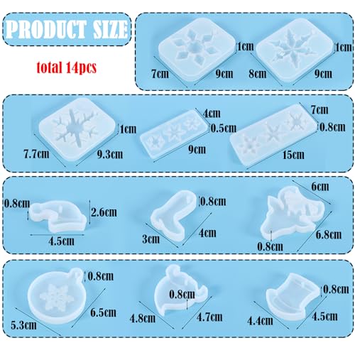 BDSHUNBF 14 Pcs Christmas Moulds - Epoxy Resin & Silicone DIY Xmas Pendent Hanging Ornaments Tree Snowflakes Elk Bell Gift Decoration - Image 2
