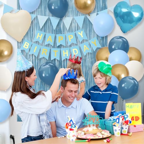Image of Blue Birthday Decorations, Dusty Blue White Sand Gold Birthday Balloons Set