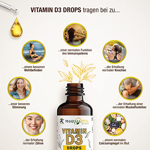 Pharmavital Vitamin D3 Tropfen 5000 50ml flüssig (1830 Tropfen) - Laborgeprüfte 5000 I.E. pro Tropfen - Immunsystem stärken, für Knochen und Muskeln - Hochwertig: sehr hohe Stabilität, vegetarisch