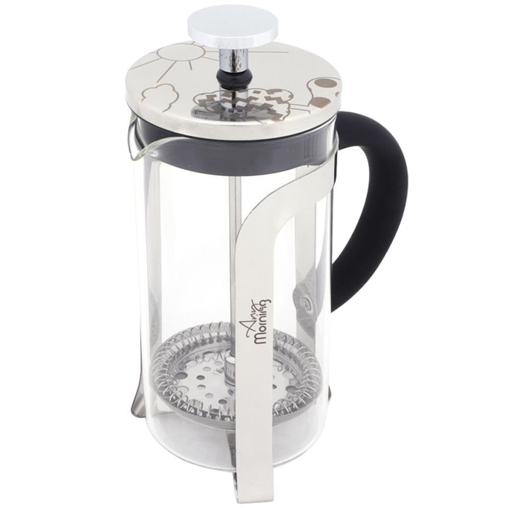 Any Morning French Press Coffee Maker – Borosilicate Glass Coffee Press | Compact Glass French Press with Stainless Steel Filter, Durable and Heat Resistant, Silver (600ml, 20 oz, 2 Cup)