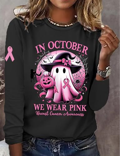 Breast Cancer Awareness Shirt Women in October We Wear Pink Halloween Ghost T-Shirt Pink Ribbon Warrior Tee Top2