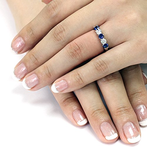 DoubleAccent Sterling Silver Rhodium Plated, Wedding Ring Simulated Blue Sapphire CZ Five Stone Anniversary Ring Band3