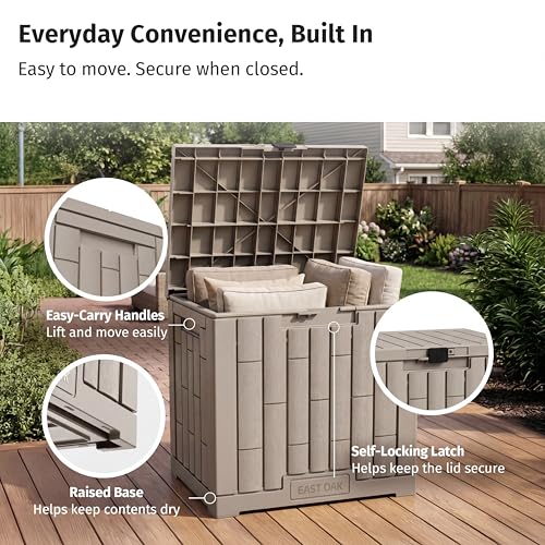 Image of EAST OAK Outdoor Storage Box, 31 Gallon Deck Box, Waterproof Resin Storage Bin for Patio Cushions, Gardening Tools, Accessories, Lockable, UV Resistant, Brown