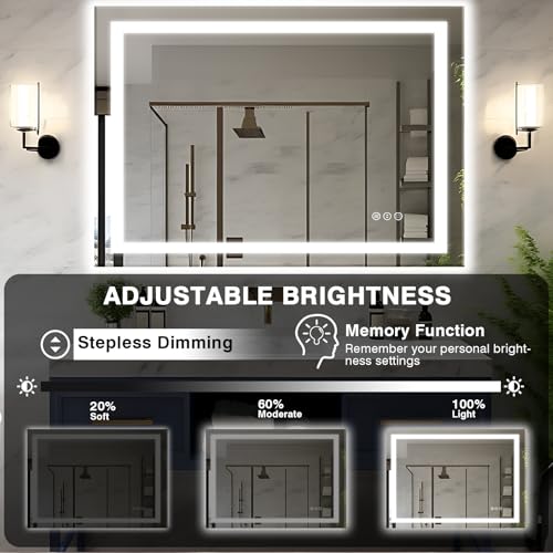 48"x36" LED Bathroom Mirrors for Wall, Front and Backlit Mirror, Anti-Fog Vanity Mirror with Lights, Stepless Dimmable Lighted Mirror, 3 Colors Smart Mirror (Horizontal/Vertical)