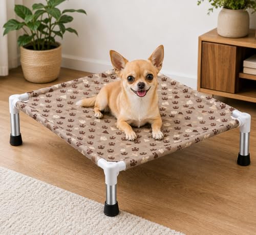ZEXSAZONE Folding Elevated Dog Bed 50x50x17 cm | Cooling Pet Cot for Small Dogs & Cats | Breathable Canvas Fabric, SS 302 Frame, Anti-Slip Indoor Outdoor (Brown Print)