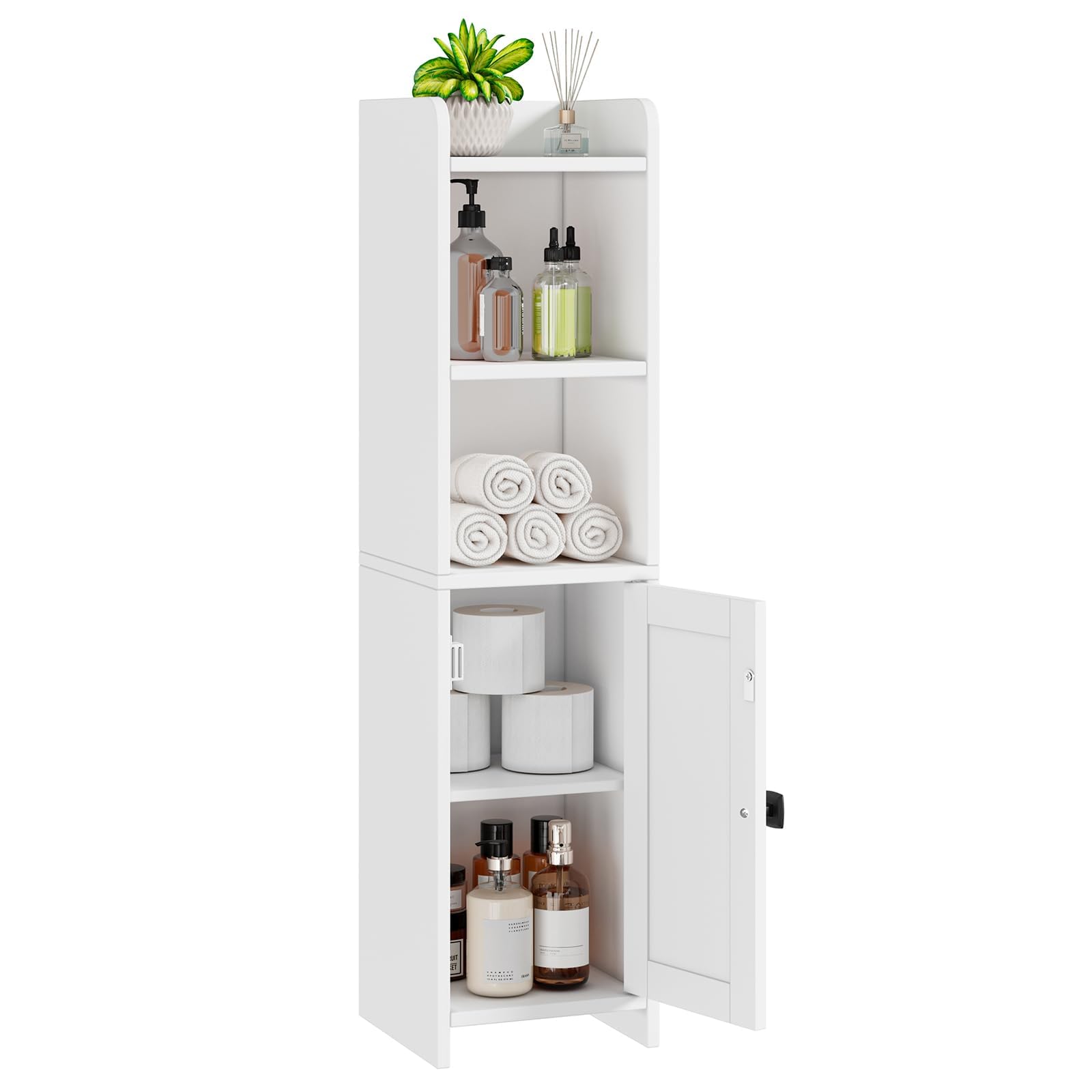 Lomojo Petit meuble d'angle de salle de bain, avec étagères réglables, autoportant, étroit, organisateur pour papier toilette pour petits espaces (blanc)