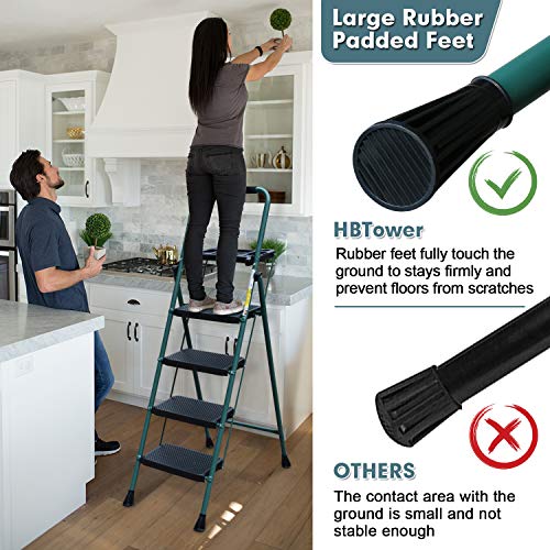 4 Step Ladder, Hbtower Folding Step Stool With Tool Platform, Wide Anti-Slip Pedal, Sturdy Steel Ladder, Convenient Handgrip, Lightweight 330Lbs Portable Steel Step Stool, Green And Black #TOP2