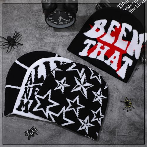 Image of Ramede 4 Pcs Y2k Beanie - Double Sided Graphic Beanies for Men and Women, Acrylic Knitted Y2k Hats Accessories