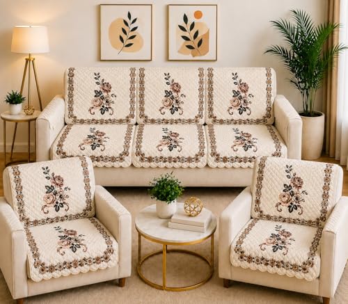 Image of Quilted Floral Sofa Cover Set 5 Seater for Living Room - 3 Seater & 1+1 Seater Sofa Slip Covers for Home - Premium Furniture Protector Panels for Sofa, 10 Pieces