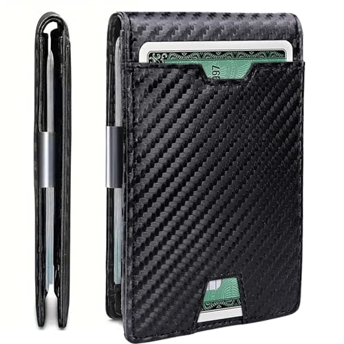 Mens Slim Leather Wallet with Money Clip RFID Blocking Bifold Credit Card Holder for Men with Gift Box (Carbon Black)