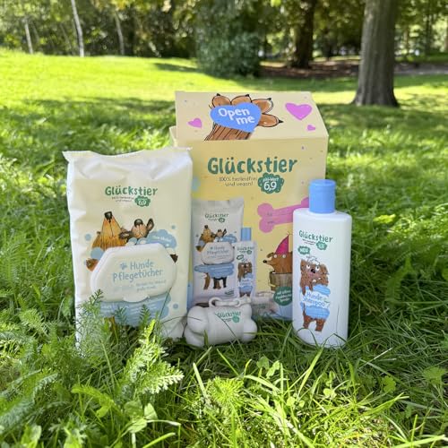 Glückstier Duo Geschenkset | Mit Glückstier Hundeshampoo parfümfrei (250ml) | Hundepflegetücher (60 STK.) | Hundebeutel-Spender (inkl. 15 Beutel) | ohne Parfüm | für Welpen & Sensible Hundenasen