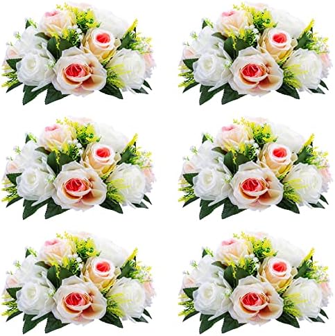 NUPTIO 2 Pcs Fake Flower Ball Arrangement Bouquet,15 Heads Plastic Roses with Base, Suitable for Our Store's Wedding Centerpiece Flower Rack Parties Valentine's Day Home Décor (Red & White)