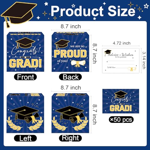 Image of Graduation Card Box Graduation Decorations 2026 Grad Card Box for Gift Graduation Party Favors Decor Party Supplies (Dark Blue, 50 Cards)