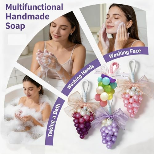 Image of Colorful Grape Soap on Rope Cute Shaped Handwashing Grapes Soap Bar, Novelty Hanging Fruit Soap for Bathroom Decor,Fun Gift Handmade Soap