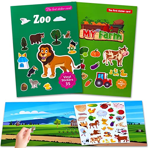 Stickers Attacca Stacca 2 Set Bosco Fattoria Animali - Libri Adesivi Bambini Riutilizzabili, PVC Impermeabili - Regali per 2-5 Anni