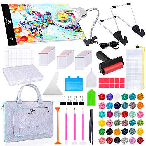PP OPOUNT Full Range of 5D Diamond Painting Set with A4 LED Light Pad, Polyester Felt Hand Held Case Bag, Magnifier LED Light, Round Diamonds and Accessories for Diamond Painting