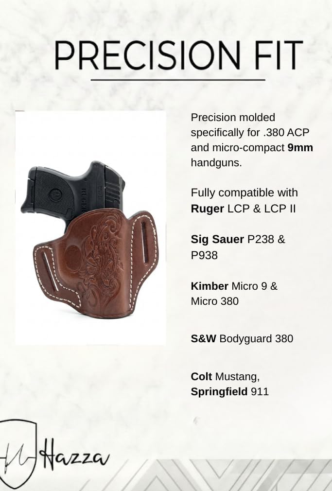 Hazza Minimalist Leather Holster for Ruger LCP, Sig Sauer P238 / P938 & Kimber Micro - OWB Belt Slide for .380 ACP Pocket Pistols - Fits S&W Bodyguard, Colt Mustang - Right Hand