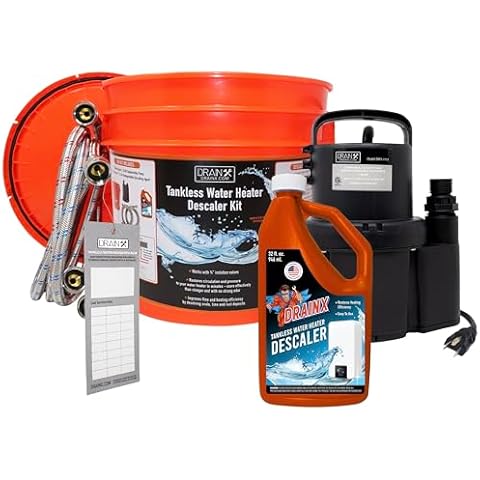 DrainX Tankless Water Heater Flushing Kit with Eco-safe Liquid Descaler Solution, Steel Hoses, 1/6HP Extra Strength Pump Cover