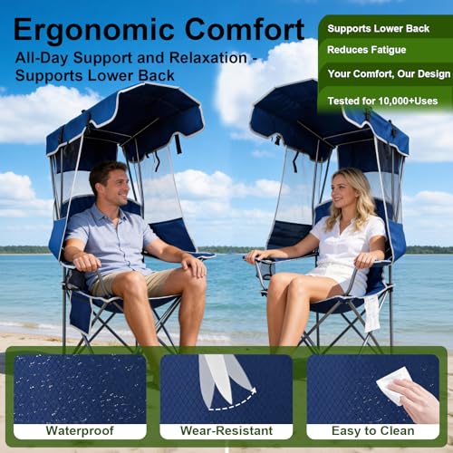 Image of Romswi Folding Canopy Beach Camping Chairs for Adult 2 Pack, Portable Outdoor Chairs with Sunshade,Cup Holder & Side Pocket for Camping, Fishing, Beach, Backyard, Navy