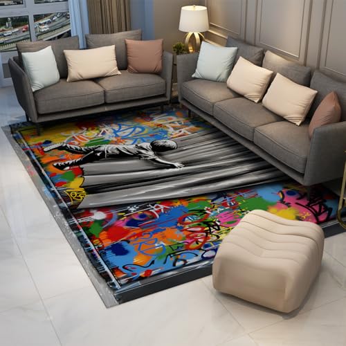 Tapis antidérapant grand format gris et noir pour salon