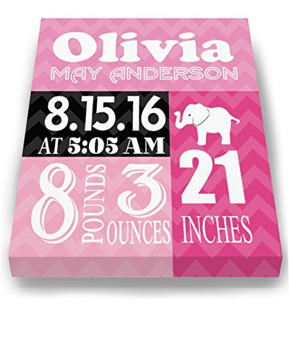 Personalized Stretched Canvas Birth Announcement Gift, Custom Baby Name, Date, Weight Stats, Newborn Elephant Nursery Wall Art Decor, Wooden Frame Construction, Ready to Hang 20X24