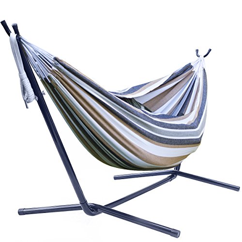 Sorbus Double Hammock with Steel Stand Two Person Adjustable Hammock Bed - Storage Carrying Case Included (Desert-Brown Blue)