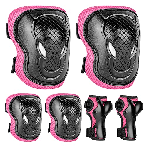 Abree Knee Pads For Kids Elbow Pads Wrist Pads 6pcs Thick Protective Gear Set For Scooter Bike Skateboard Roller Skates Cycling Skating Riding (Pink)