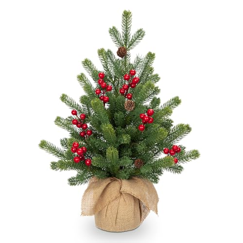18inchtabletopchristmastreesmallartificialxmastreeminichristmastreewithredberriespineconesandburlapbaseminiaturechristmasdecorforhomefarmhousedesk  Urban Country Home Decor 18 inch table top christmas tree small artificial xmas tree mini christmas tree with red berries pine cones and burlap base miniature christmas decor for home farmhouse desk  urban country home decor