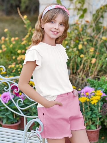 Image of Haloumoning Girls Pleated Ruffle Short Sleeve Shirts Kids Summer Crewneck T-Shirts Fashion Tops Tees 5-14 Years