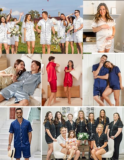 Image of Ekouaer Couple Matching Pajamas Sets Silk Short Sleeve Button Down Sleepwear Satin Pjs Shorts Set Soft Loungewear S-XXL