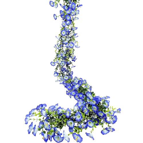 LILOCOO Artificial Flowers Garland 2PCS Blue Artificial Silk Morning Glory Vine Artificial Flowers Hanging Eucalyptus Garland for Wall Fence Arch UV Protected Indoor Outdoor Decor