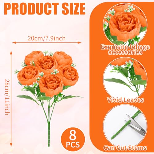 Image of 8 Pack Orange Peonies Artificial Flowers, Fall Fake Silk Hydrangea Bouquet for Bridal Wedding Home Table Decor Reusable Dining Opening Ceremony Birthday Arrangement Faux Floral