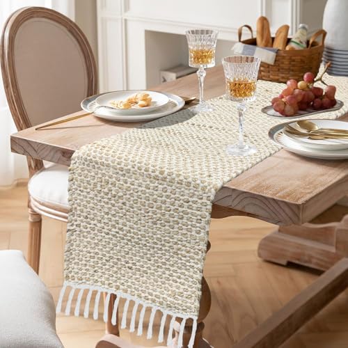 Image of Luxe Home Elegant Beige and White Woven Table Runner with Tassels - Mix Cotton Jute 13 x 74 Inch, Honeycomb - Perfect for Dining Table, Center Table, Decor