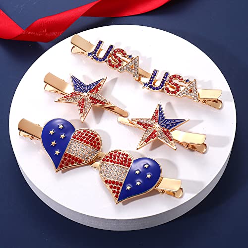 3 Pairs American Flag Hair Clips 4Th Of July Patriotic Hairpins For Women Rhinestone Enamel Heart Star Hair Barrettes Independence Day Hair Accessory Gifts (3 Pairs Rhinestone) #TOP4